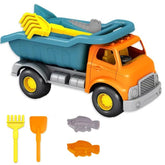 Huitich premium beach toy set for kids with orange dump truck, yellow rake, shovel, and fish molds